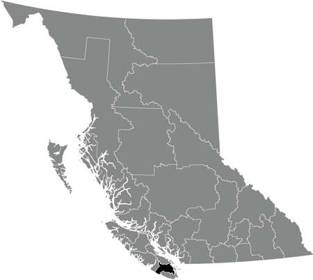 Black flat blank highlighted location map of the COWICHAN VALLEY regional district inside gray administrative map of the Canadian province of British Columbia, Canadaのイラスト素材