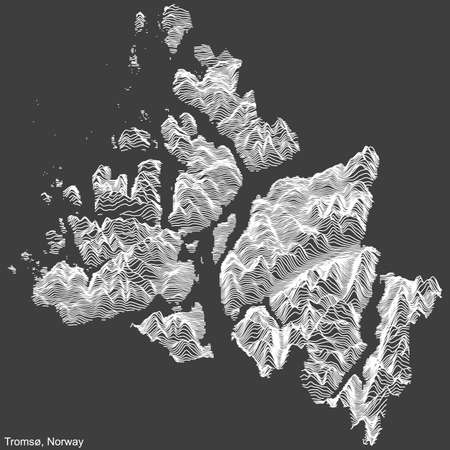Topographic negative relief map of the city of TROMSÃ, NORWAY with white contour lines on dark gray backgroundのイラスト素材