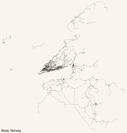 Detailed navigation black lines urban street roads map of the Norwegian regional capital city of BODÃ, NORWAY on vintage beige backgroundのイラスト素材