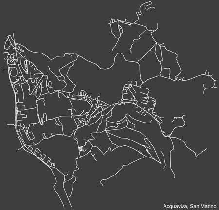 Detailed negative navigation white lines urban street roads map  of the ACQUAVIVA MUNICIPALITY of the Republic of San Marino on dark gray backgroundのイラスト素材