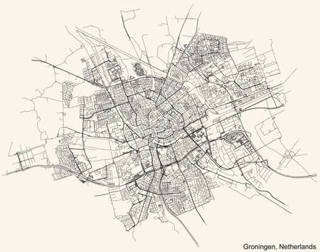 Detailed navigation black lines urban street roads map of the Dutch regional capital city of GRONINGEN, NETHERLANDS on vintage beige backgroundのイラスト素材
