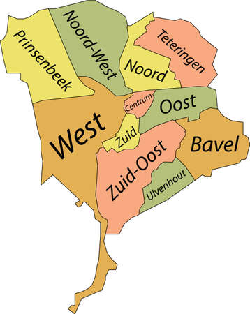Pastel flat vector administrative map of BREDA, NETHERLANDS with name tags and black border lines of its districtsのイラスト素材