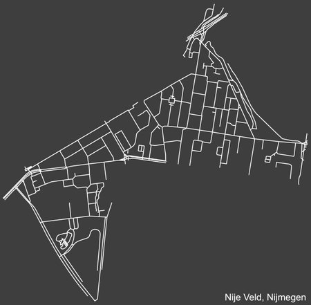 Detailed negative navigation white lines urban street roads map of the NIJE VELD NEIGHBORHOOD of the Dutch regional capital city Nijmegen, Netherlands on dark gray backgroundのイラスト素材