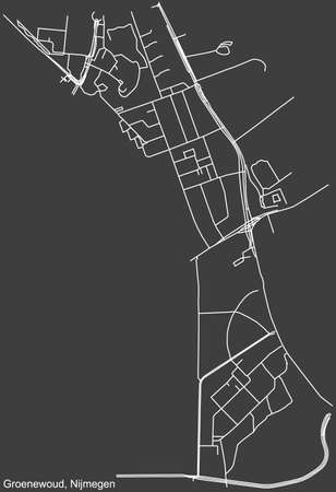 Detailed negative navigation white lines urban street roads map of the GROENEWOUD NEIGHBORHOOD of the Dutch regional capital city Nijmegen, Netherlands on dark gray backgroundのイラスト素材