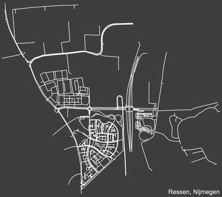 Detailed negative navigation white lines urban street roads map of the RESSEN NEIGHBORHOOD of the Dutch regional capital city Nijmegen, Netherlands on dark gray backgroundのイラスト素材