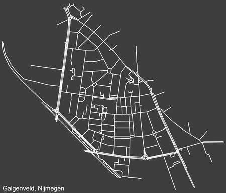 Detailed negative navigation white lines urban street roads map of the GALGENVELD NEIGHBORHOOD of the Dutch regional capital city Nijmegen, Netherlands on dark gray backgroundのイラスト素材