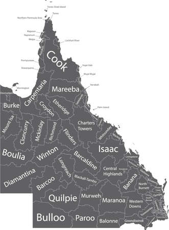Dark gray flat vector administrative map of local government areas of the Australian state of QUEENSLAND, AUSTRALIA with white border lines and name tags of its areasのイラスト素材