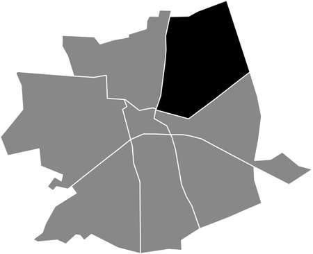 Black flat blank highlighted location map of the NOORDOOST DISTRICT inside gray administrative map of Apeldoorn, Netherlandsのイラスト素材