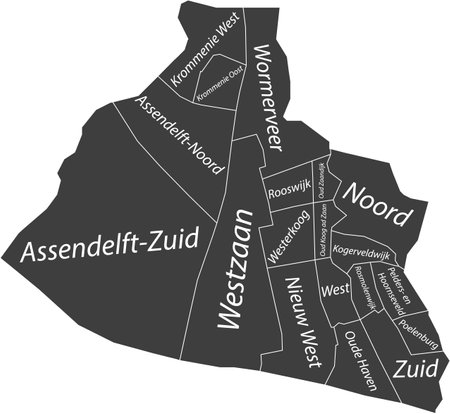 Dark gray flat vector administrative map of ZAANSTAD, NETHERLANDS with name tags and white border lines of its districtsのイラスト素材