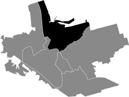Black flat blank highlighted location map of the ZAVODSKY RAION inside gray administrative map of Zaporizhzhia, Ukraineのイラスト素材