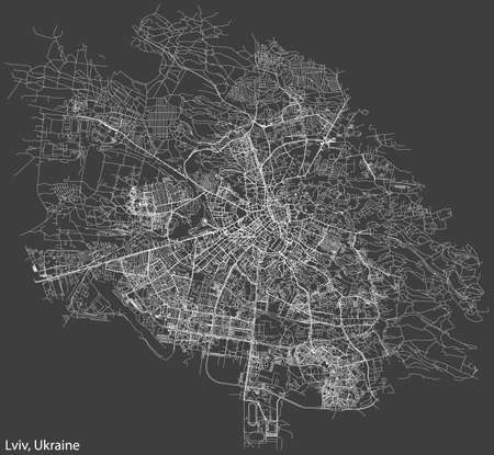Detailed negative navigation white lines urban street roads map of the Ukrainian regional capital city of LVIV, UKRAINE on dark gray backgroundのイラスト素材