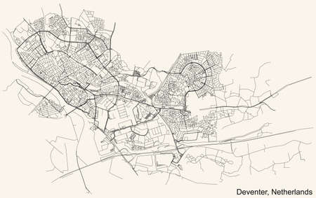 Detailed navigation black lines urban street roads map of the Dutch regional capital city of DEVENTER, NETHERLANDS on vintage beige backgroundのイラスト素材