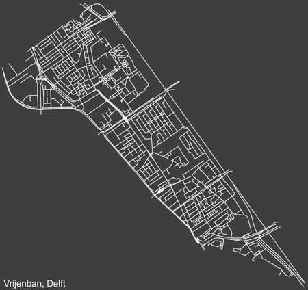 Detailed negative navigation white lines urban street roads map of the VRIJENBAN DISTRICT of the Dutch regional capital city Delft, Netherlands on dark gray backgroundのイラスト素材