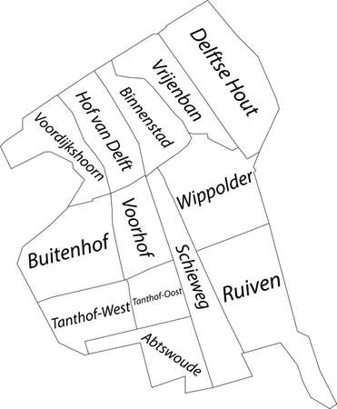 White flat vector administrative map of DELFT, NETHERLANDS with name tags and black border lines of its districtsのイラスト素材