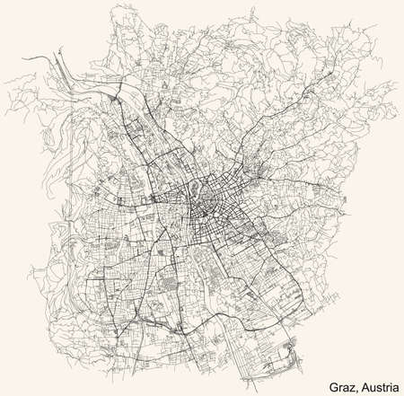 Detailed navigation black lines urban street roads map of the Austrian regional capital city of GRAZ, AUSTRIA on vintage beige backgroundのイラスト素材