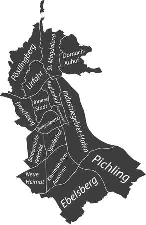 Dark gray flat vector administrative map of LINZ, AUSTRIA with name tags and white border lines of its districtsのイラスト素材