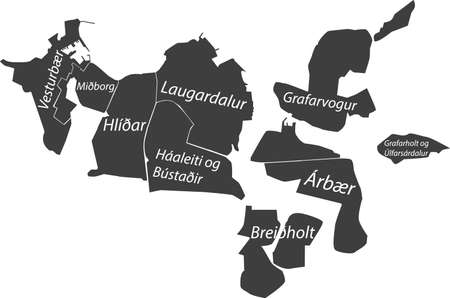 Dark gray flat vector administrative map of REYKJAVIK, ICELAND with name tags and white border lines...