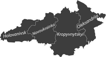 Dark gray flat vector map of raion areas of the Ukrainian administrative area of KIROVOHRAD OBLAST, UKRAINE with white border lines and name tags of its raionsのイラスト素材