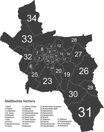 Dark gray flat vector administrative map of AACHEN, GERMANY with name tags and white border lines of its districtsのイラスト素材
