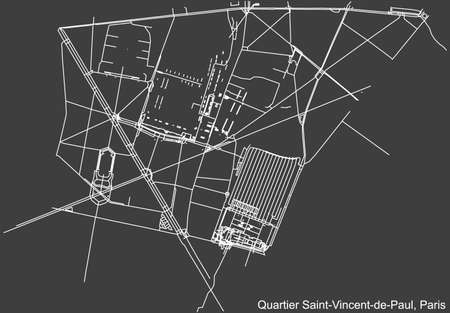 Detailed negative navigation white lines urban street roads map of the SAINT-VINCENT-DE-PAUL QUARTER of the French capital city of Paris, France on dark gray backgroundのイラスト素材