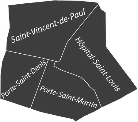 Dark gray flat vector administrative map of the 10TH ARONDISSEMENT (DE L'ENTREPÃT), PARIS, FRANCE with name tags and white border lines of its quartersのイラスト素材