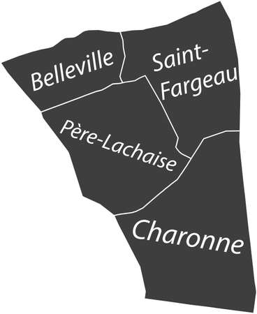 Dark gray flat vector administrative map of the 20TH ARONDISSEMENT (DE MÃNILMONTANT), PARIS, FRANCE with name tags and white border lines of its quartersのイラスト素材