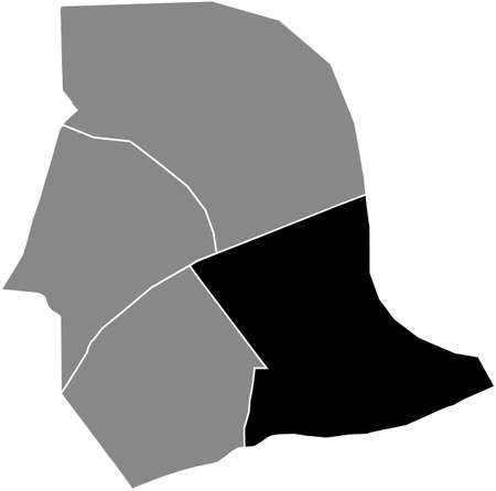 Black flat blank highlighted location map of the AMÃRIQUE QUARTER inside gray administrative map of the 19th arrondissement (des Buttes-Chaumont), Paris, Franceのイラスト素材