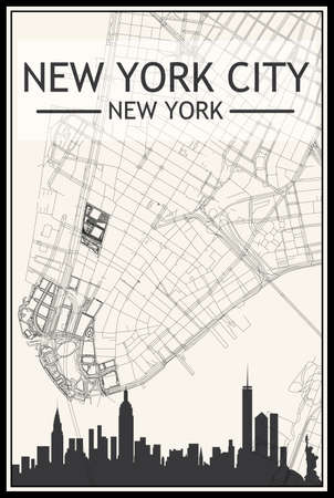 Light printout city poster with panoramic skyline and streets network on vintage beige background of the downtown NEW YORK CITY, NEW YORKのイラスト素材