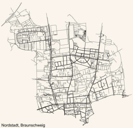 Detailed navigation black lines urban street roads map of the NORDSTADT DISTRICT of the German regional capital city of Braunschweig, Germany on vintage beige backgroundのイラスト素材