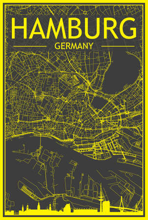 Yellow printout city poster with panoramic skyline and streets network on dark gray background of the downtown HAMBURG, GERMANYのイラスト素材