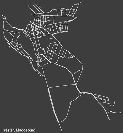 Detailed negative navigation white lines urban street roads map of the PRESTER DISTRICT of the German regional capital city of Magdeburg, Germany on dark gray backgroundのイラスト素材