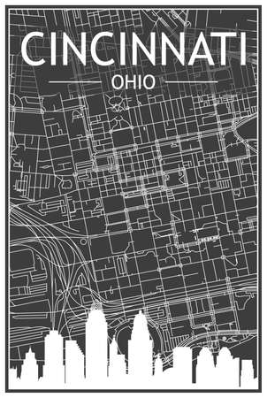 Dark printout city poster with panoramic skyline and hand-drawn streets network on dark gray background of the downtown CINCINNATI, OHIOのイラスト素材
