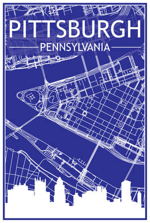 Technical drawing printout city poster with panoramic skyline and hand-drawn streets network on blue background of the downtown PITTSBURGH, PENNSYLVANIAのイラスト素材