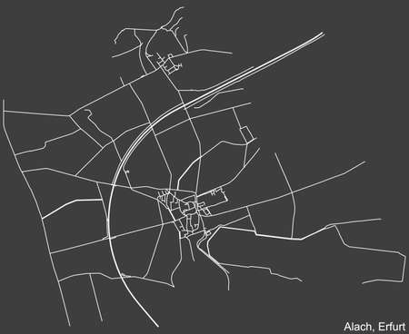 Detailed negative navigation white lines urban street roads map of the ALACH DISTRICT of the German regional capital city of Erfurt, Germany on dark gray backgroundのイラスト素材