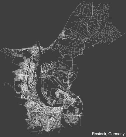Detailed negative navigation white lines urban street roads map of the German regional capital city of ROSTOCK, GERMANY on dark gray backgroundのイラスト素材