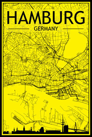 Golden printout city poster with panoramic skyline and hand-drawn streets network on yellow and black background of the downtown HAMBURG, GERMANYのイラスト素材