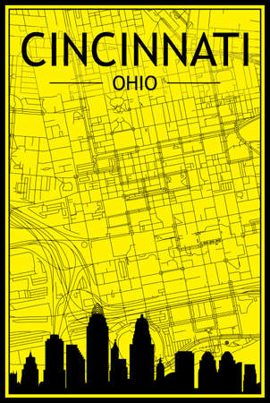 Golden printout city poster with panoramic skyline and hand-drawn streets network on yellow and black background of the downtown CINCINNATI, OHIOのイラスト素材