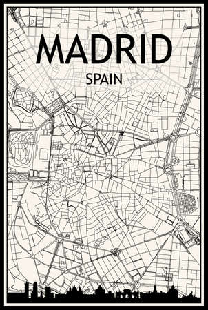 Light printout city poster with panoramic skyline and hand-drawn streets network on vintage beige background of the downtown MADRID, SPAINのイラスト素材