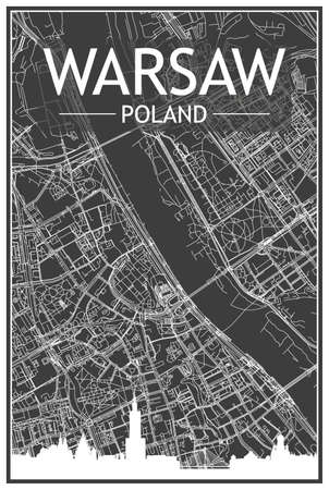 Dark printout city poster with panoramic skyline and hand-drawn streets network on dark gray background of the downtown WARSAW, POLANDのイラスト素材