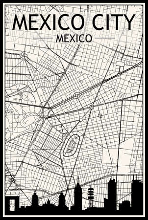 Light printout city poster with panoramic skyline and hand-drawn streets network on vintage beige background of the downtown MEXICO CITY, MEXICOのイラスト素材