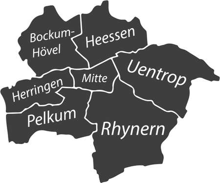 Dark gray flat vector administrative map of HAMM, GERMANY with name tags and white border lines of its districtsのイラスト素材