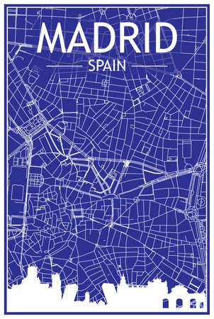 Technical drawing printout city poster with panoramic skyline and hand-drawn streets network on blue background of the downtown MADRID, SPAINのイラスト素材