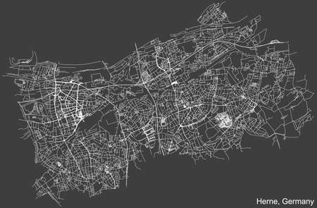 Detailed negative navigation white lines urban street roads map of the German regional city of HERNE, GERMANY on dark gray backgroundのイラスト素材