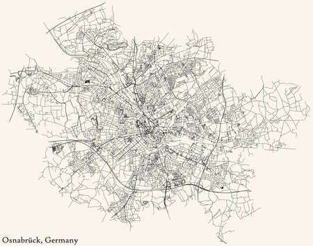 Detailed navigation black lines urban street roads map of the German regional capital city of OSNABRÃCK, GERMANY on vintage beige backgroundのイラスト素材