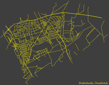 Detailed navigation yellow lines urban street roads map of the DODESHEIDE  DISTRICT of the German regional capital city of OsnabrÃ¼ck, Germany on black backgroundのイラスト素材