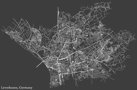 Detailed negative navigation white lines urban street roads map of the German regional capital city of LEVERKUSEN, GERMANY on dark gray backgroundのイラスト素材
