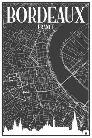 Dark printout city poster with panoramic skyline and hand-drawn streets network on dark gray background of the downtown BORDEAUX, FRANCEのイラスト素材