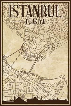 Brown vintage hand-drawn printout streets network map of the downtown ISTANBUL, TURKEY with brown 3D city skyline and letteringのイラスト素材