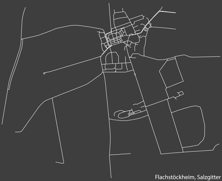 Detailed negative navigation white lines urban street roads map of the FLACHSTÃCKHEIM QUARTER of the German regional capital city of Salzgitter, Germany on dark gray backgroundのイラスト素材