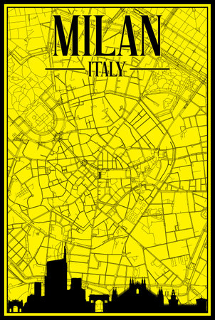 Yellow vintage hand-drawn printout streets network map of the downtown MILAN, ITALY with brown highlighted city skyline and letteringのイラスト素材